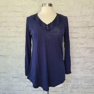 NWT Nordstrom Caslon Navy Embroidered V-Neck Long Sleeve Knit Tee XS